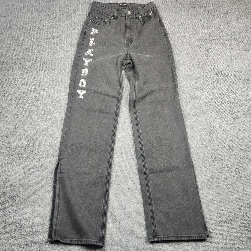 Playboy by PacSun Womens Washed Black Straight Leg Slit Hem Logo Jeans Size‎ 26